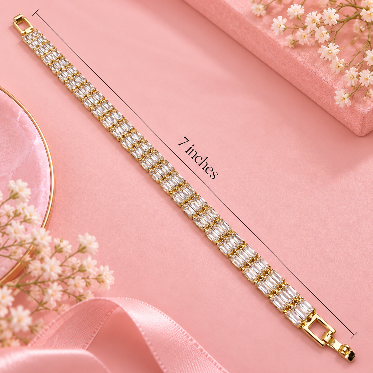 18K Gold Filled Triple Baguette CZ Tennis Bracelet - 7" Hypoallergenic
