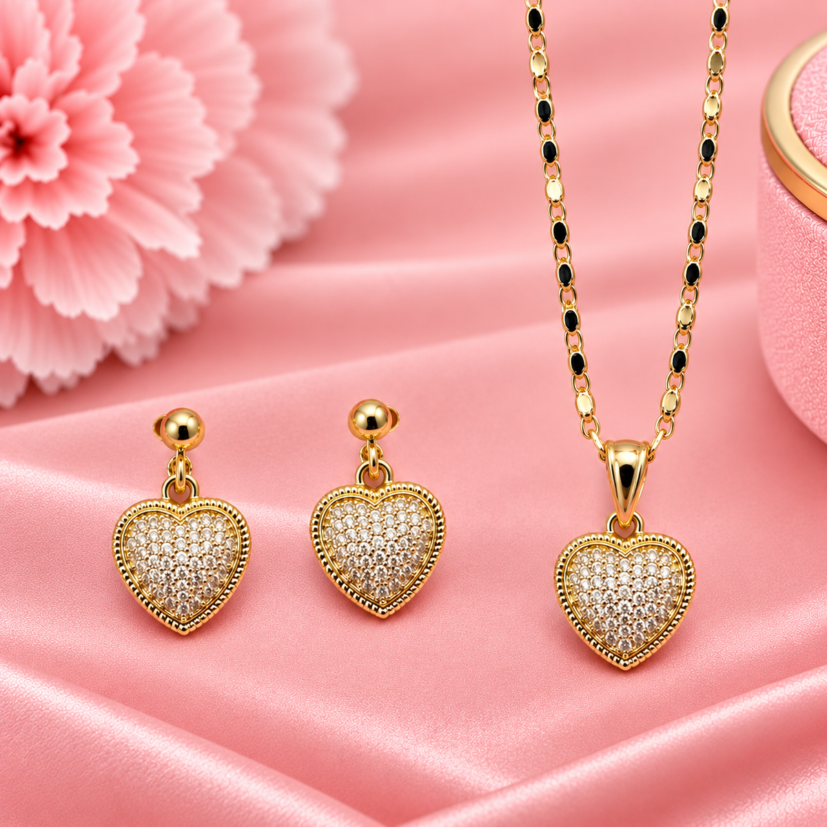 18K Gold Filled Beaded Pavé Heart Necklace & Earrings Set | Hypoallergenic