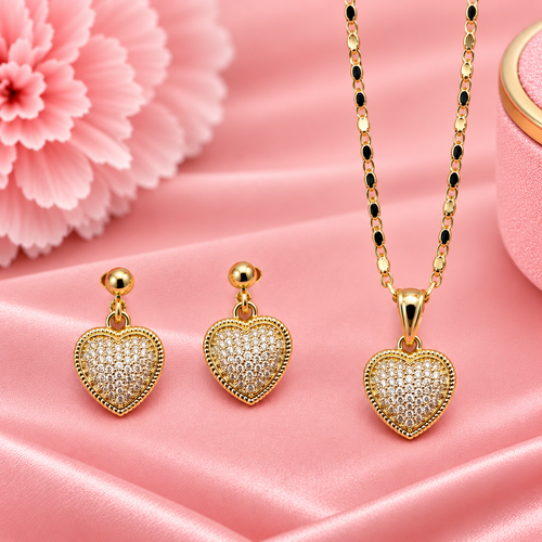 18K Gold Filled Beaded Pavé Heart Necklace & Earrings Set | Hypoallergenic