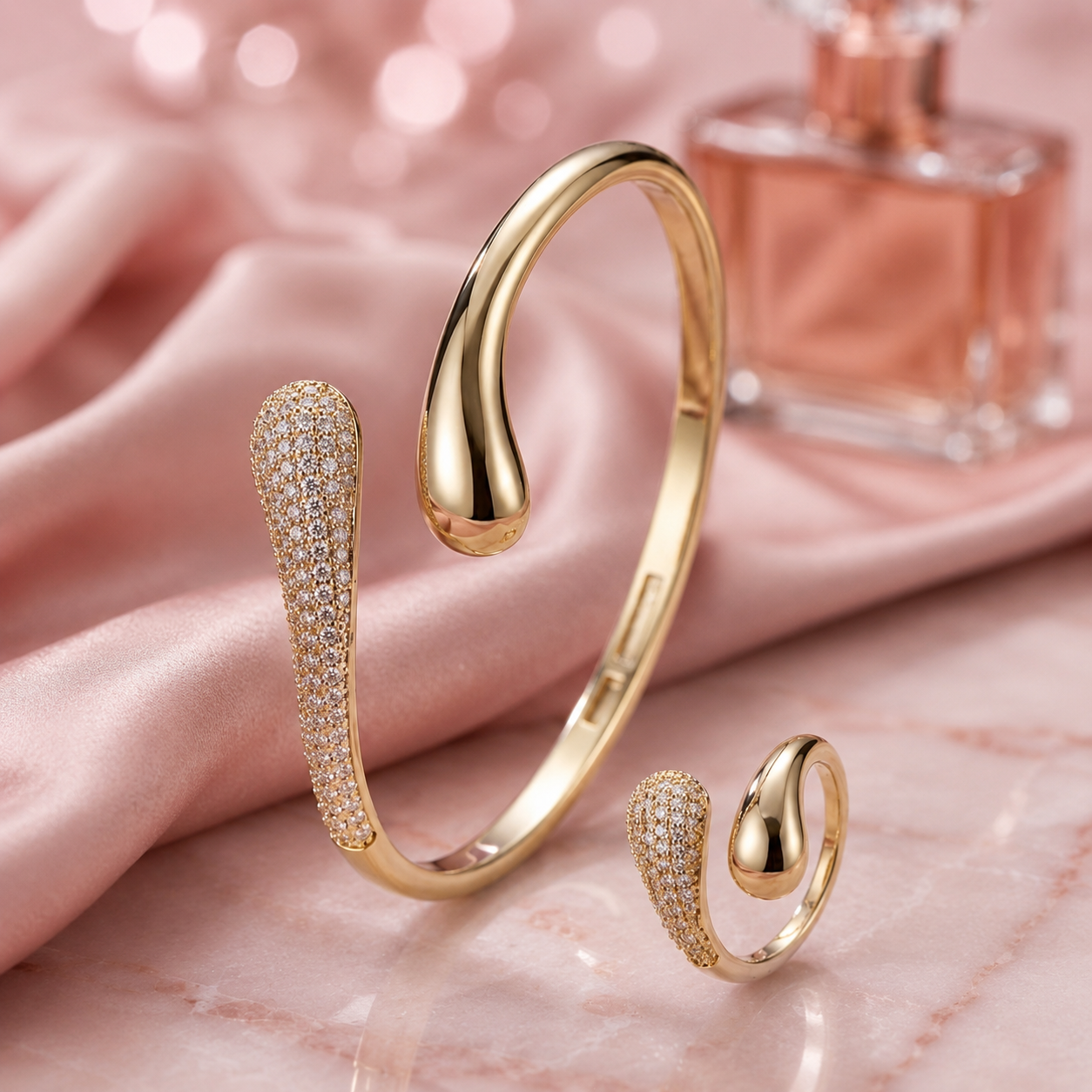 Sculptural Pavé Teardrop Bangle & Ring Set