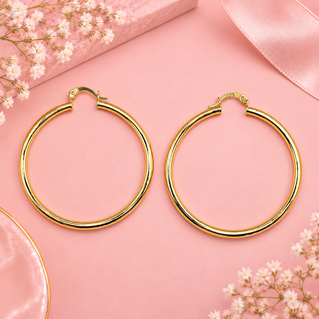 18K Gold Filled Classic Smooth Hoop Earrings - 5cm Hypoallergenic