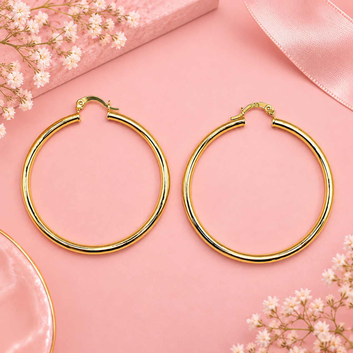 18K Gold Filled Classic Smooth Hoop Earrings - 5cm Hypoallergenic