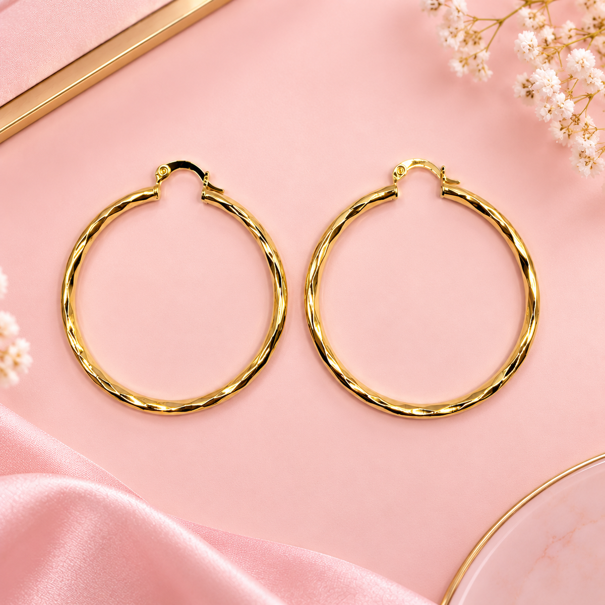 18K Gold Filled Twisted Hoop Earrings - 5cm Hypoallergenic Hoops