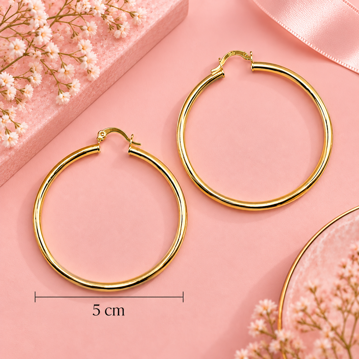 18K Gold Filled Classic Smooth Hoop Earrings - 5cm Hypoallergenic