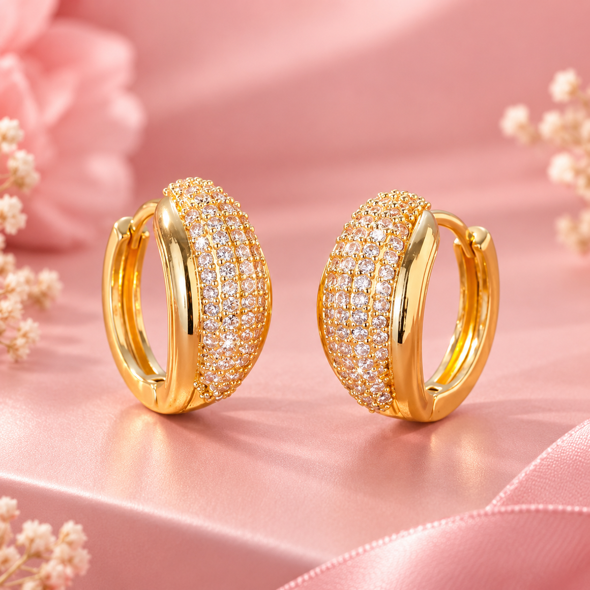 Pave Cubic Zirconia Chunky Hoop Earrings — 18K Gold Plated Statement Hoops for Women