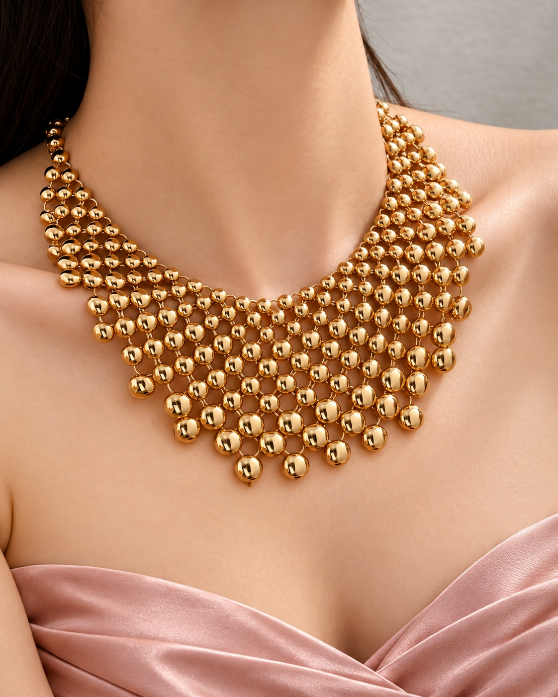 Y2K Gold Chunky Bubble Bib Necklace — Statement Beaded Necklace for Women