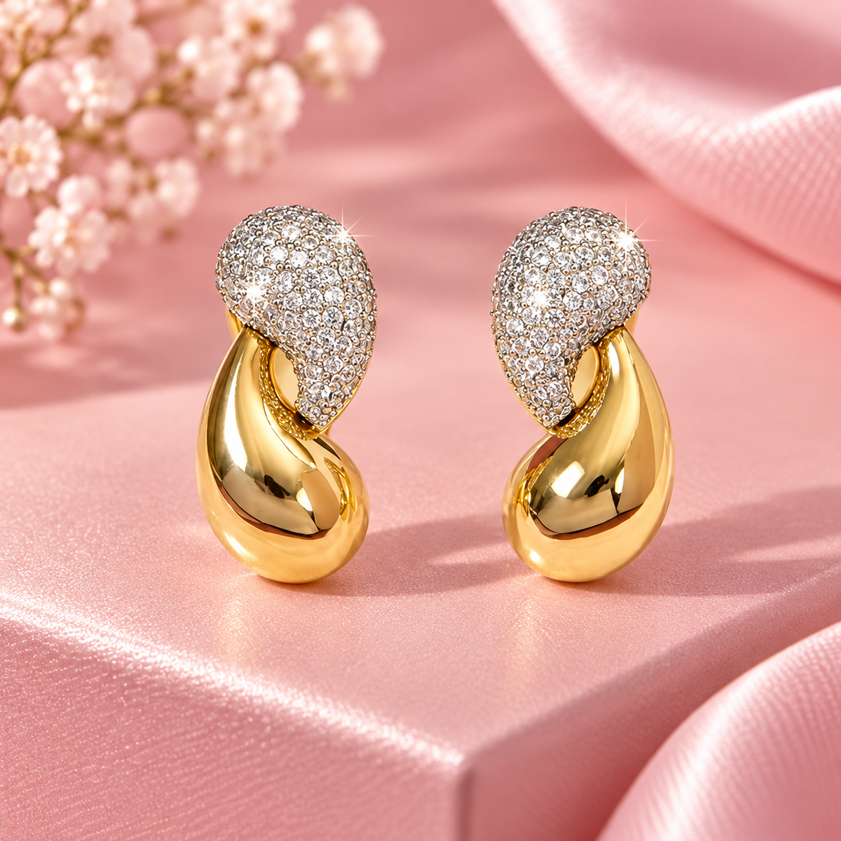 Elegant Old Money Style Gold Twist Teardrop Earrings – 18K Gold-Plated Pave Rhinestone Drop Earrings for Women