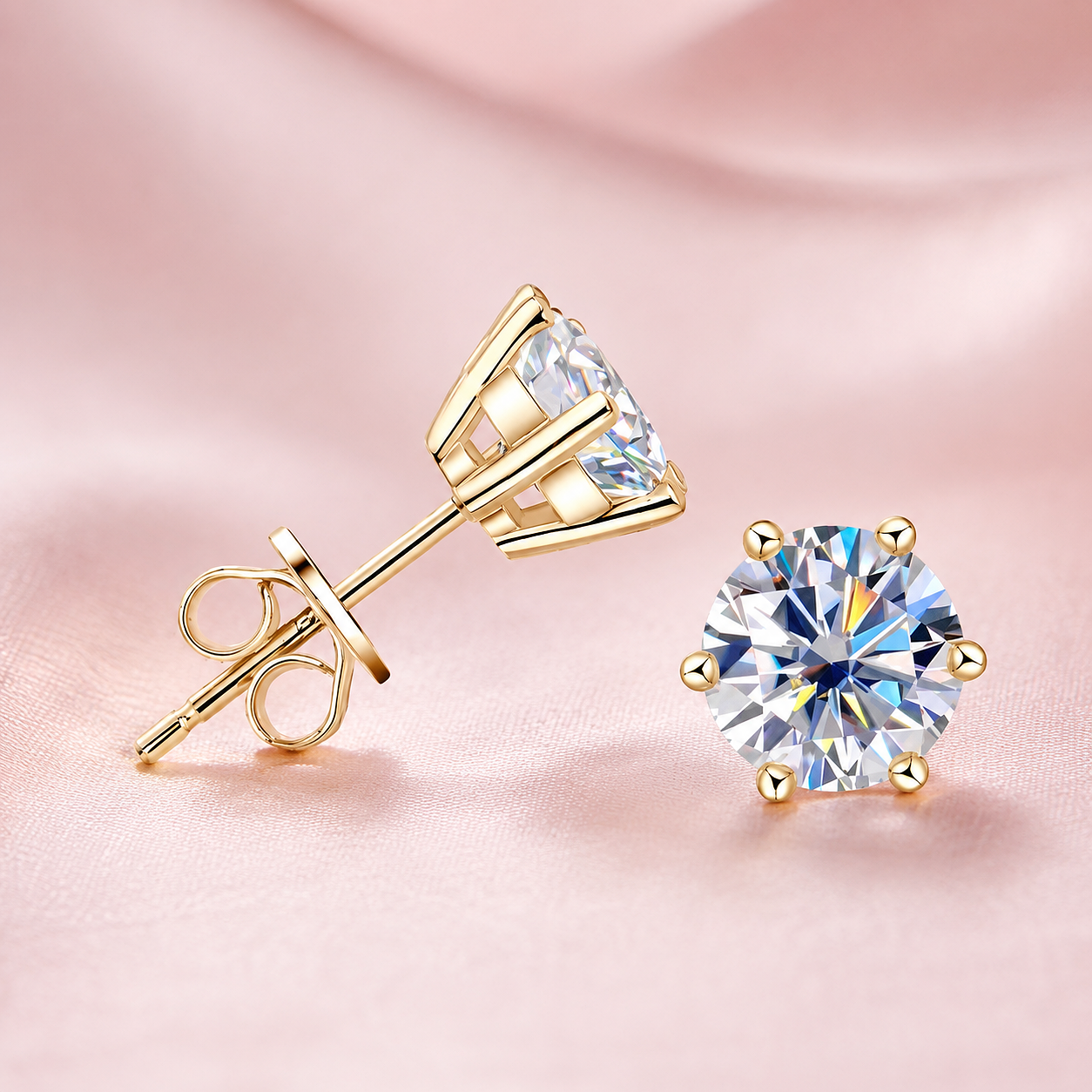 Elegant Classic Moissanite Stud Earrings — 925 Sterling Silver, 14K Gold Plated
