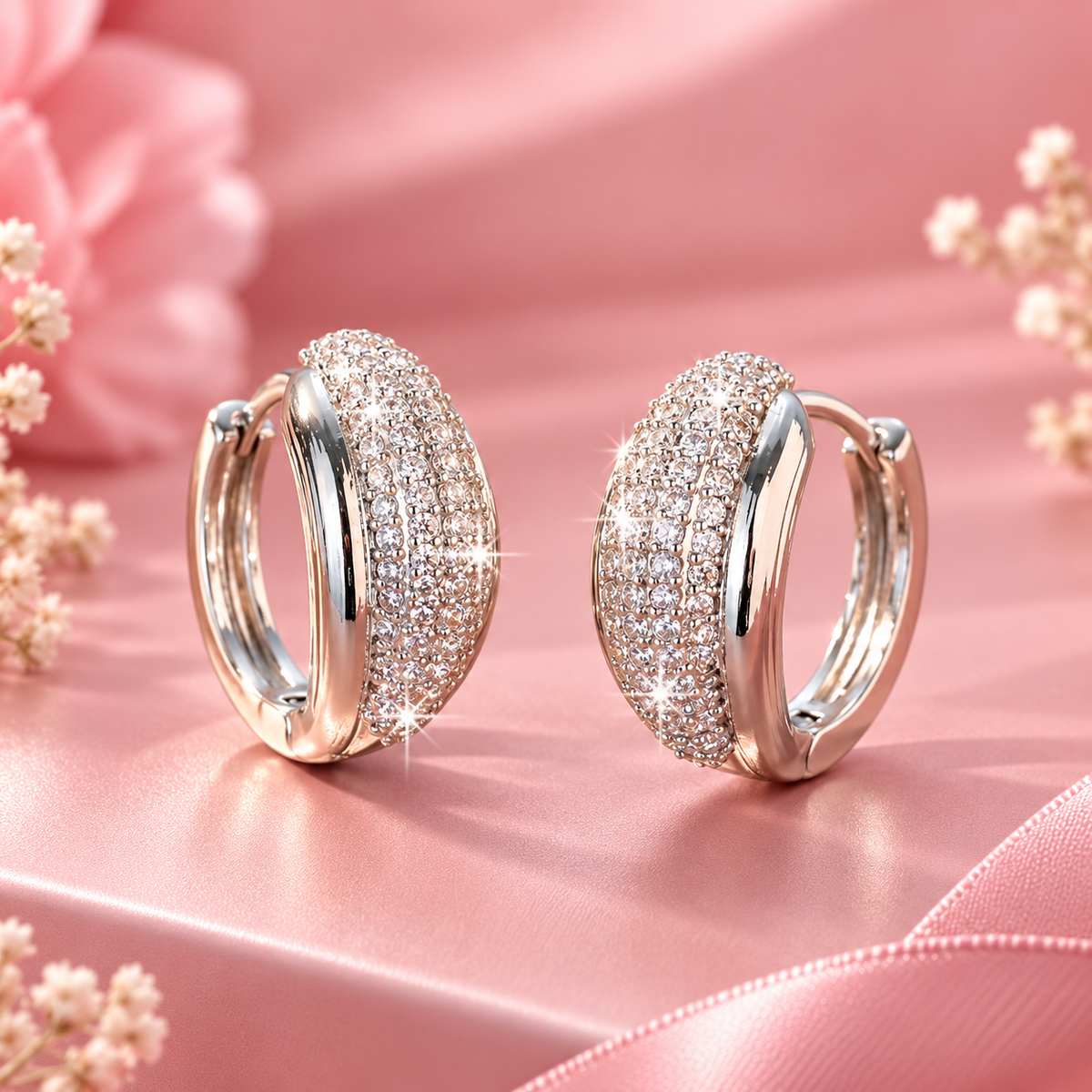 Pave Cubic Zirconia Chunky Hoop Earrings — 18K White Gold Plated Statement Hoops for Women