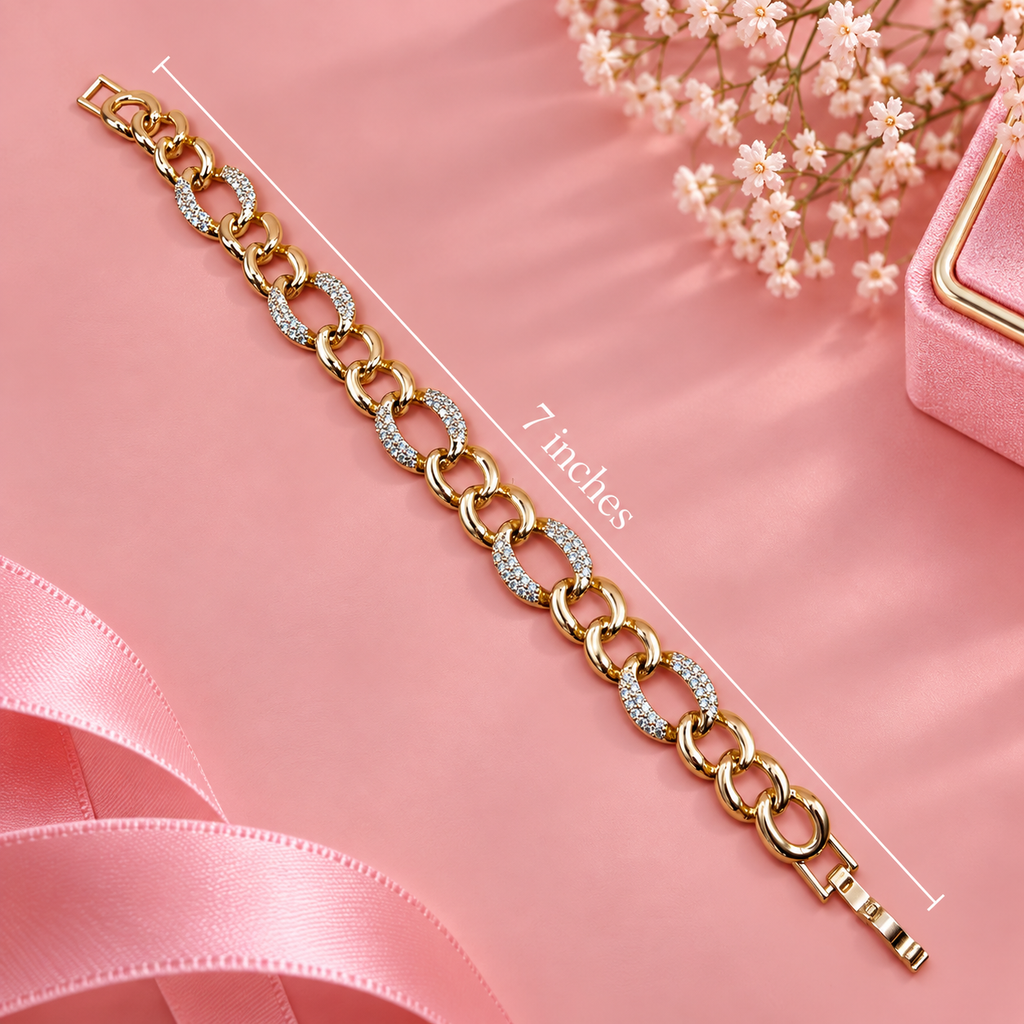 Elegant 18K Gold Filled Mixed Link CZ Bracelet - 7in Hypoallergenic Chain