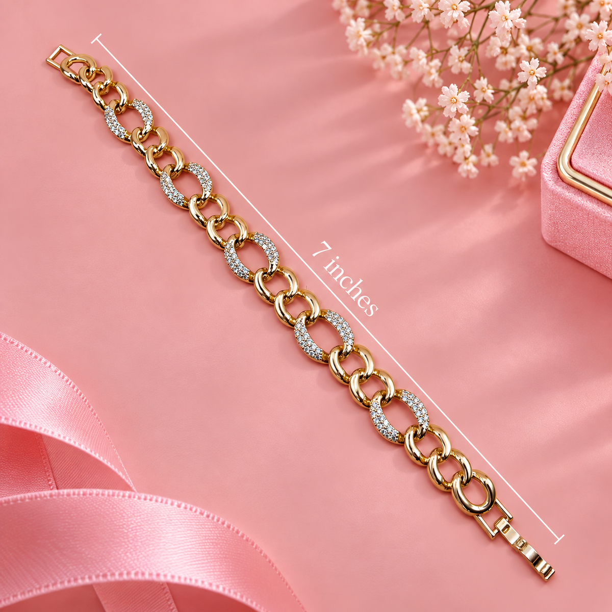 Elegant 18K Gold Filled Mixed Link CZ Bracelet - 7in Hypoallergenic Chain