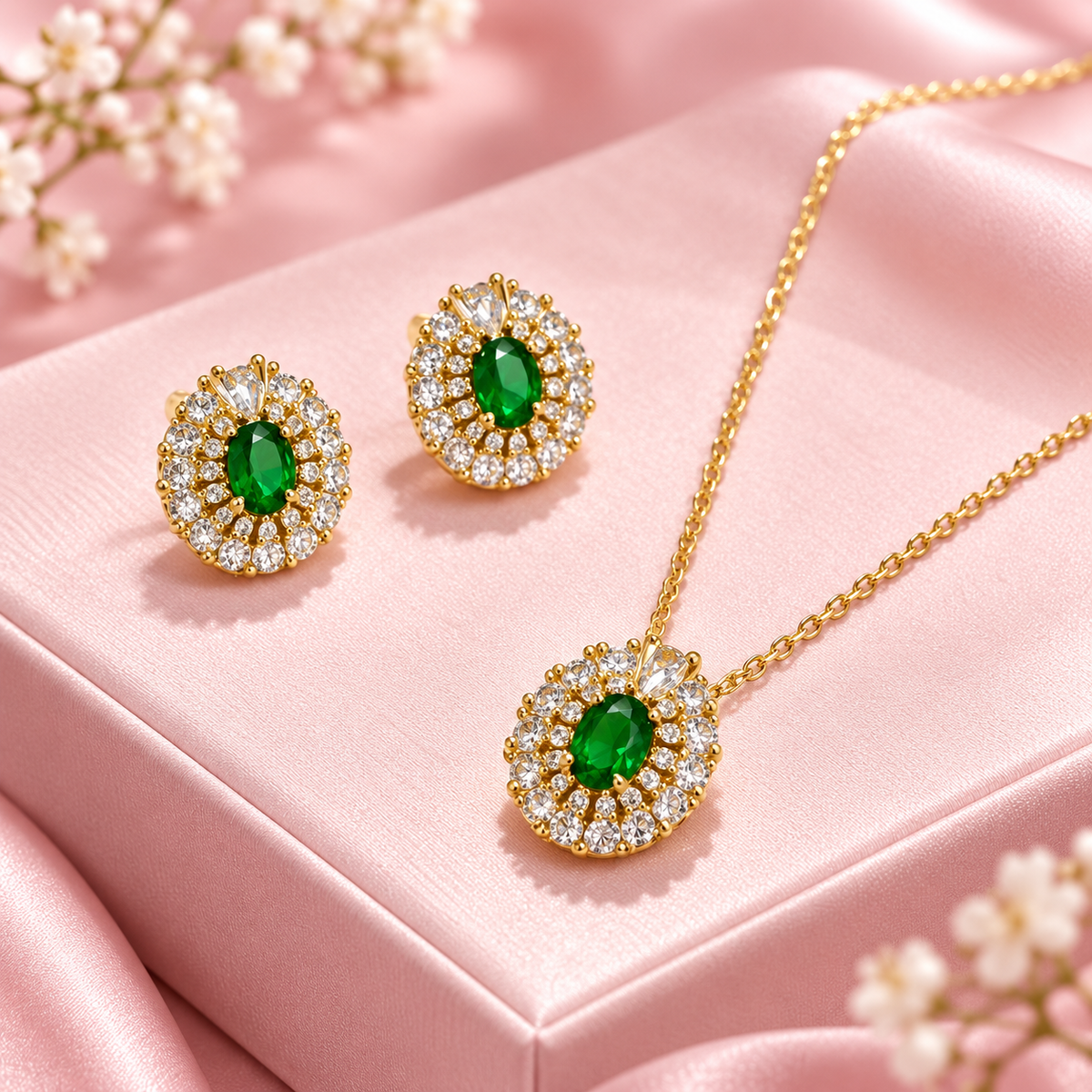 Green Zirconia Halo Necklace & Earrings Set — 18K Gold Plated Stainless Steel Jewelry Set for Women