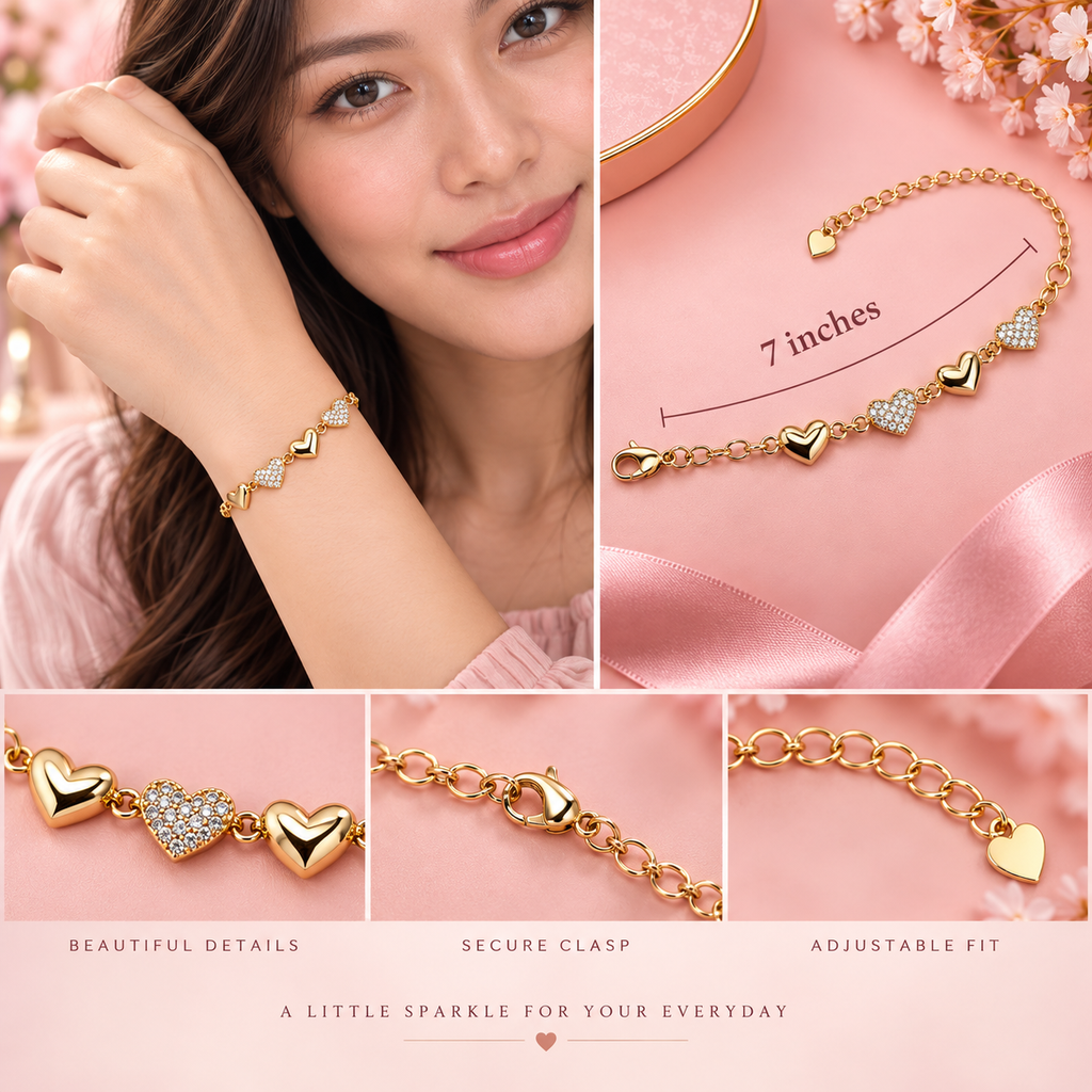 7" Gold Filled Pavé Heart Charm Bracelet | Hypoallergenic