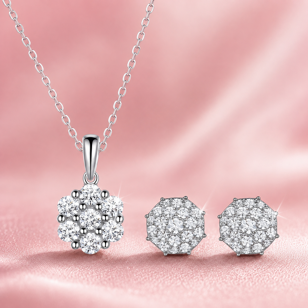 Luxury 925 Sterling Silver Moissanite Diamond Necklace & Earrings Set