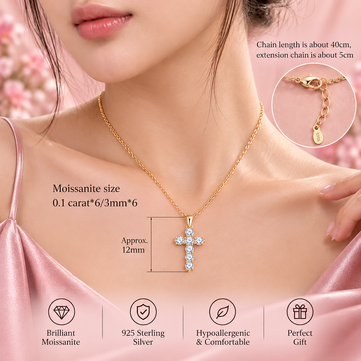 Moissanite Cross Necklace – 925 Silver, Gold Plated, Hypoallergenic