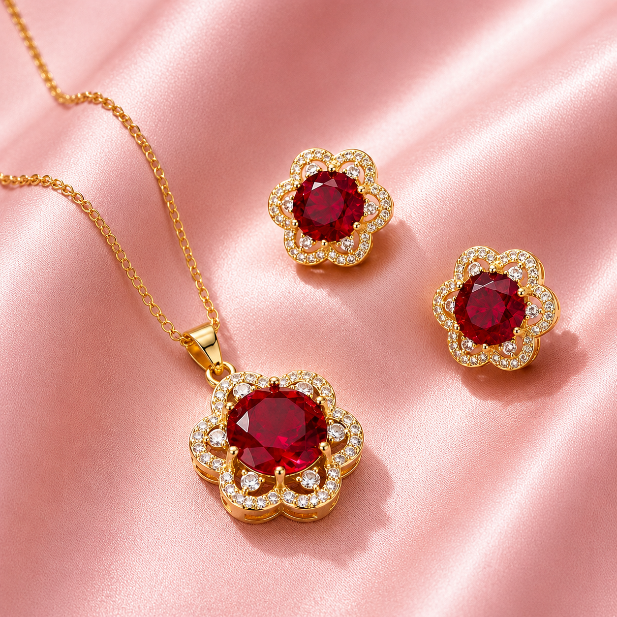 Deep Red Flower Halo Necklace & Earring Set — Gold Plated