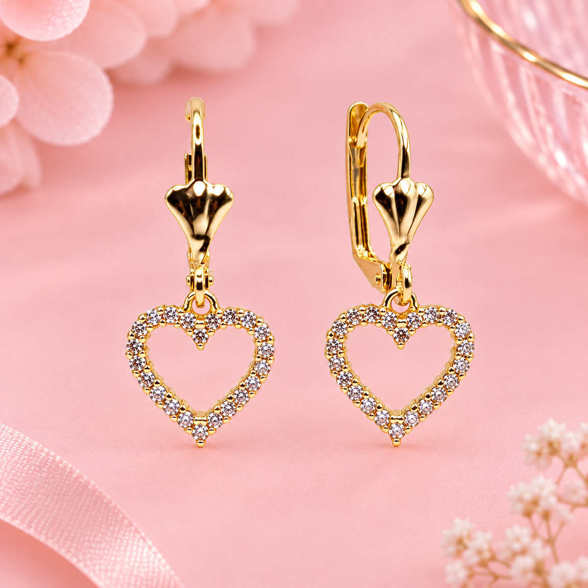 18K Gold Filled Open Heart Figaro Necklace & Leverback Earrings Set | Hypoallergenic