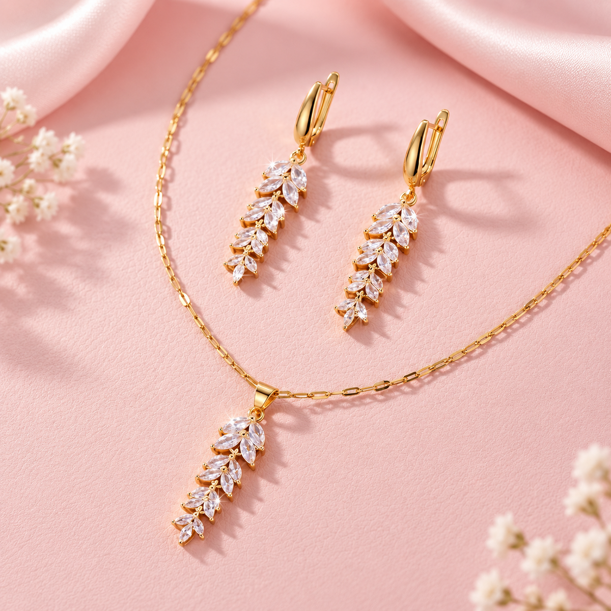 Elegant Leaf Crystal Necklace & Earrings Set – Zirconia Gold Jewelry Gift for Women