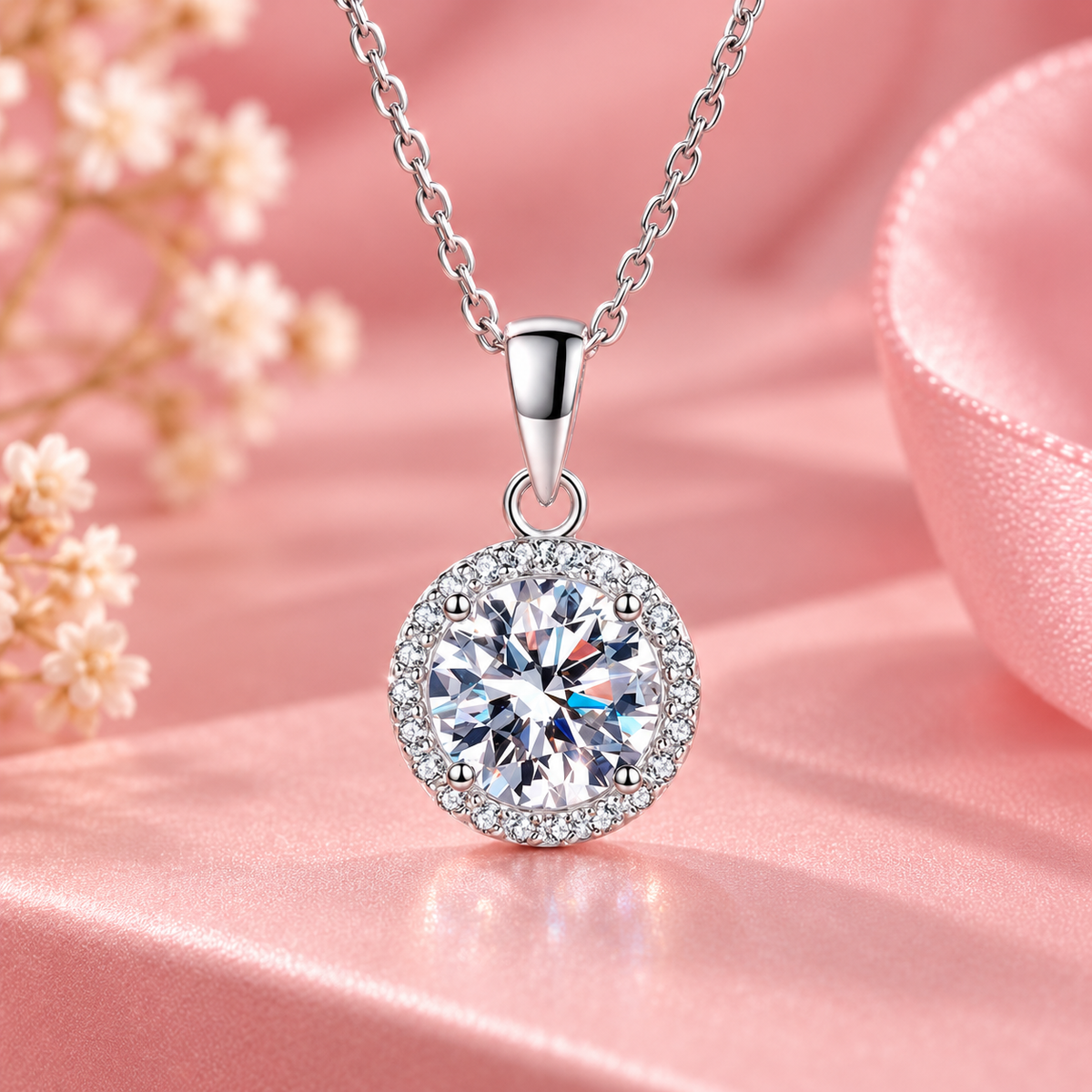 Elegant 925 Sterling Silver Moissanite Pendant Necklace — 5mm Round Halo Necklace for Women