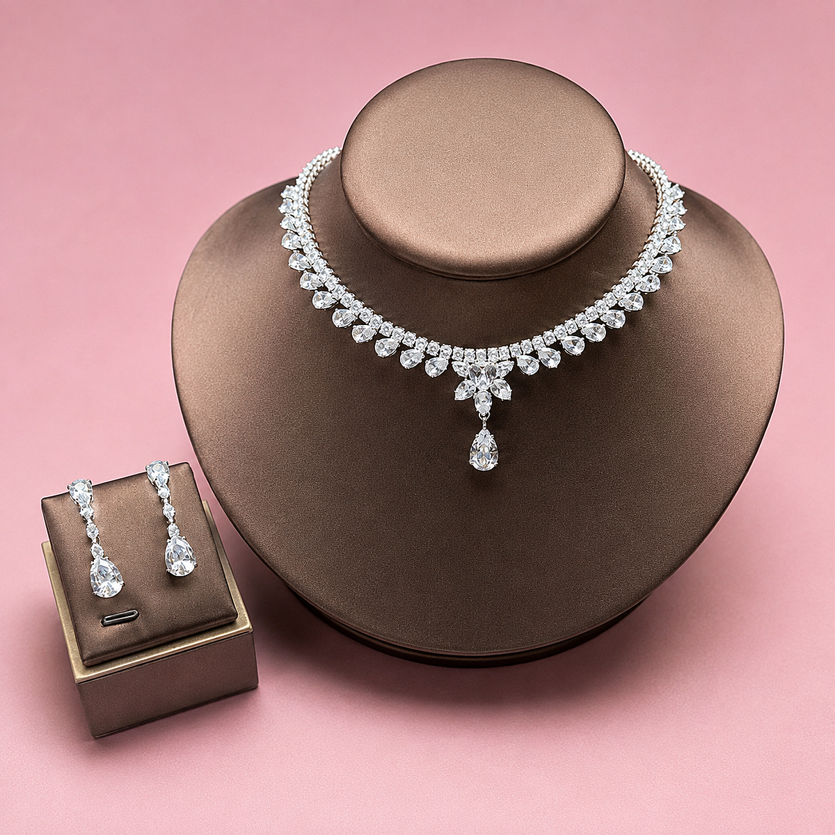 3-Piece Rhinestone Crystal Jewelry Set – Silver Statement Necklace & Earrings