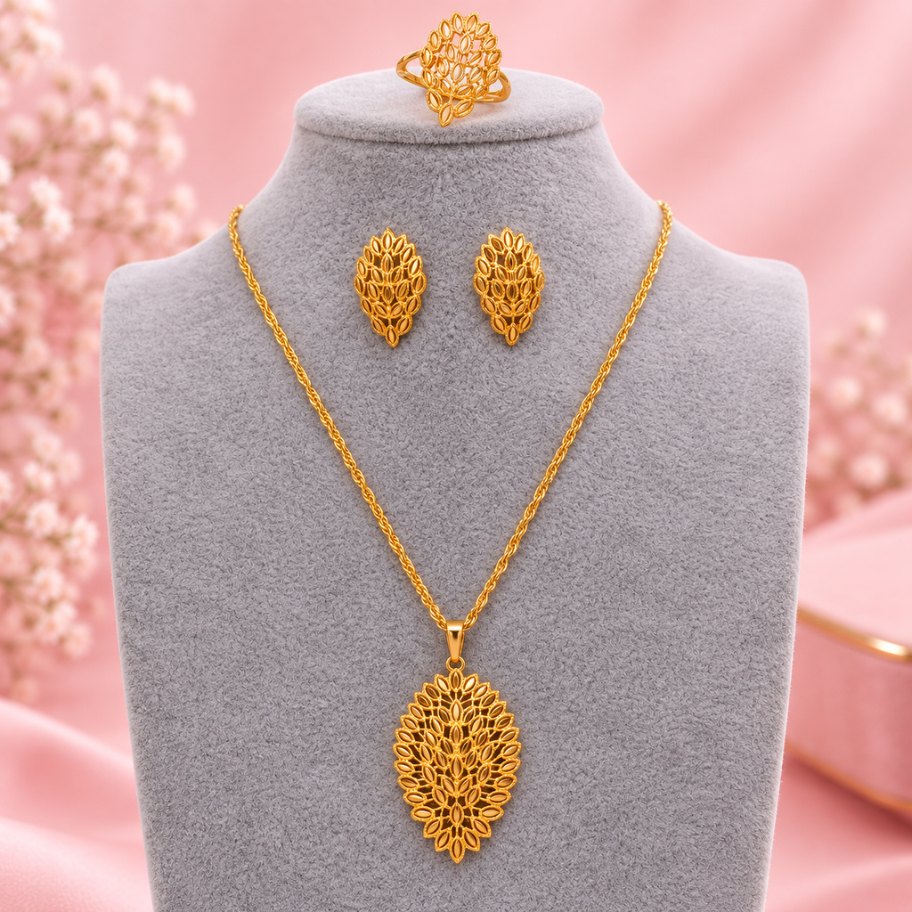 22K Gold Plated Leaf Filigree Jewelry Set - Hypoallergenic
