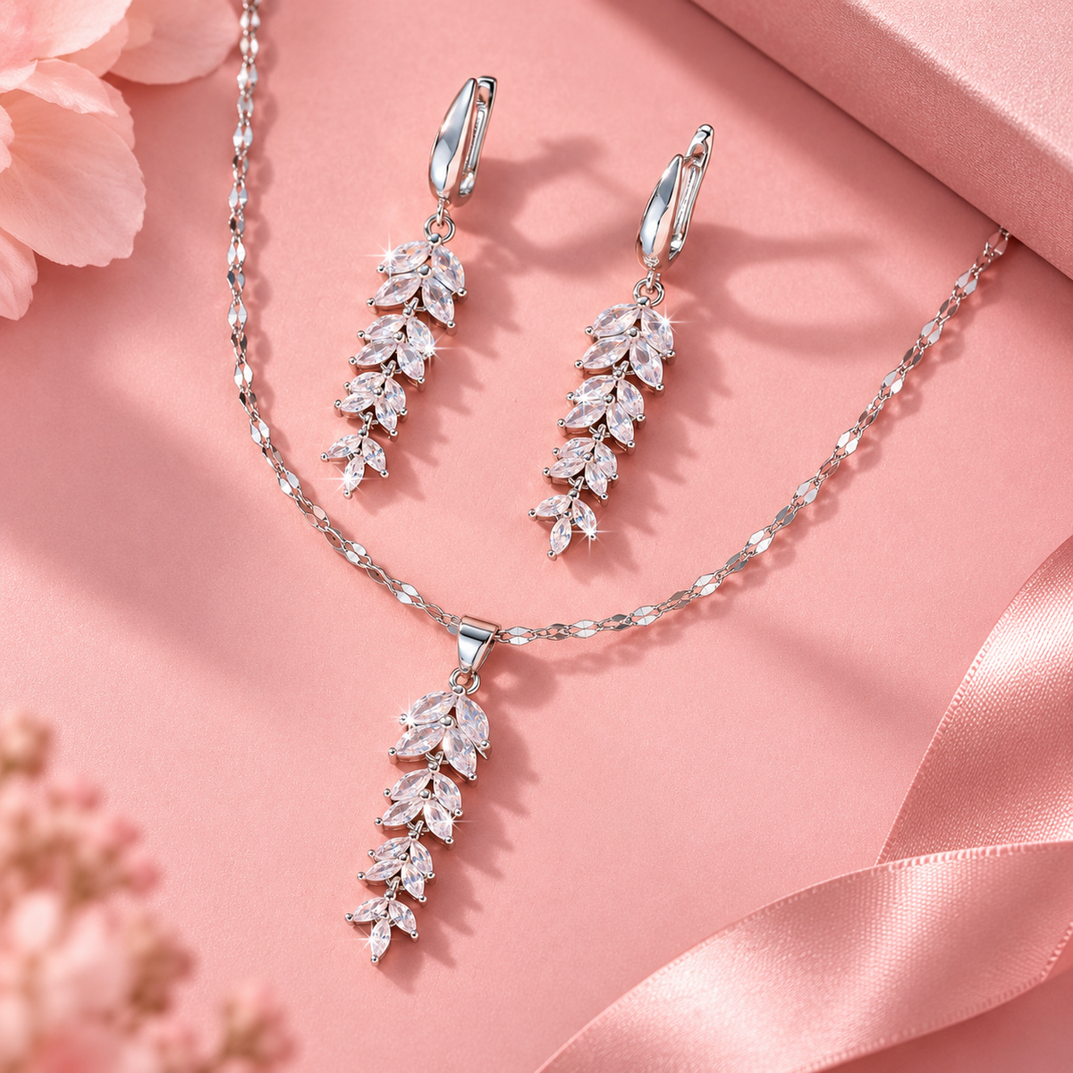 Elegant Leaf Crystal Necklace & Earrings Set – Zirconia Silver Jewelry Gift for Women