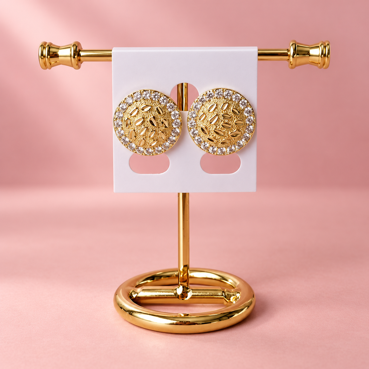 18K Gold Filled 2cm Pavé Halo Round Textured Stud Earrings - Hypoallergenic