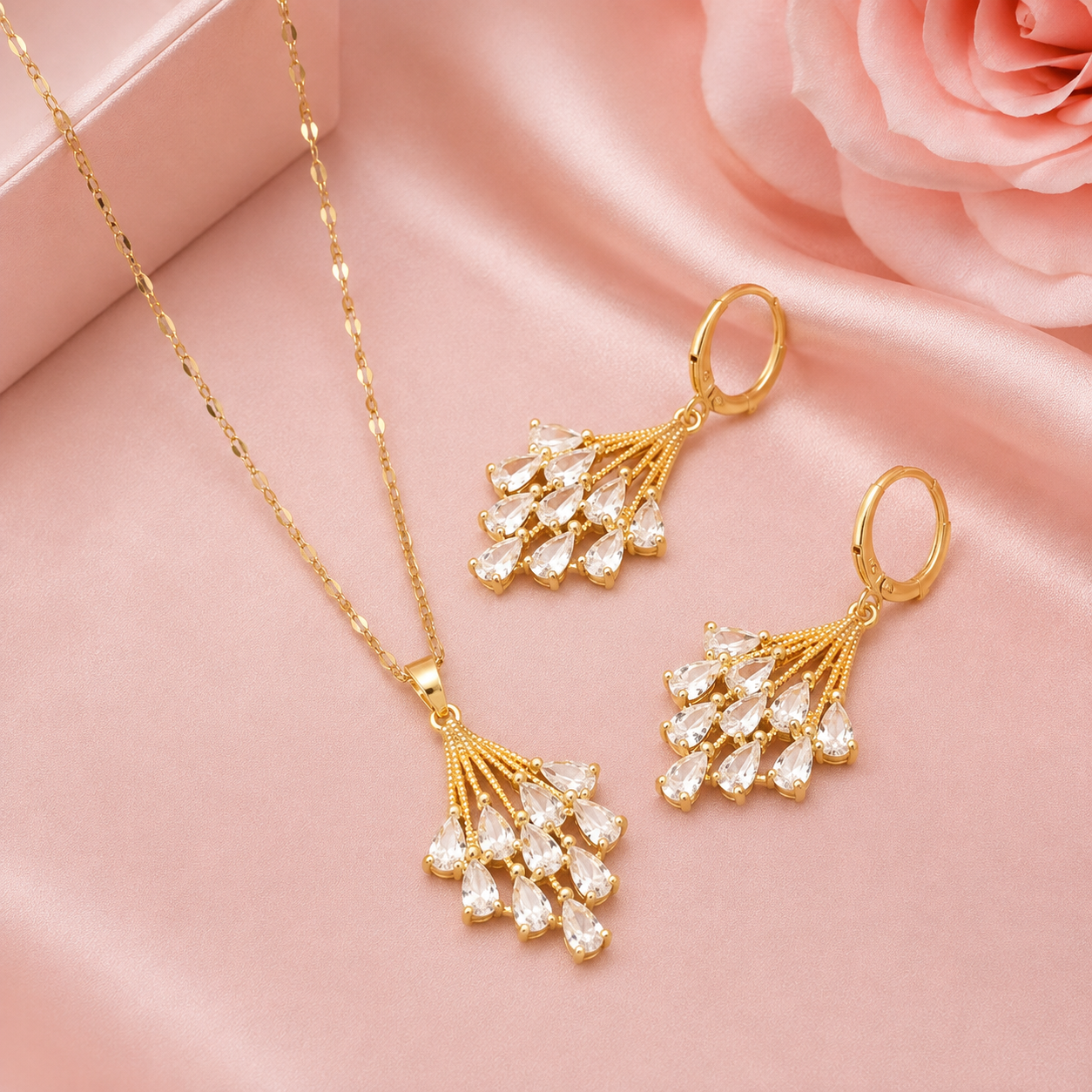 Golden Fan Crystal Necklace & Earring Set — 18K Gold Plated