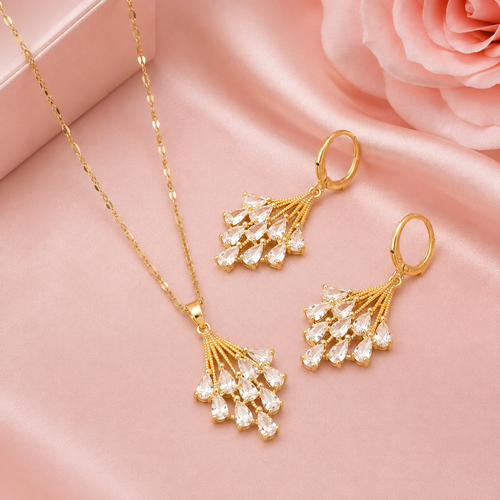 Golden Fan Crystal Necklace & Earring Set — 18K Gold Plated