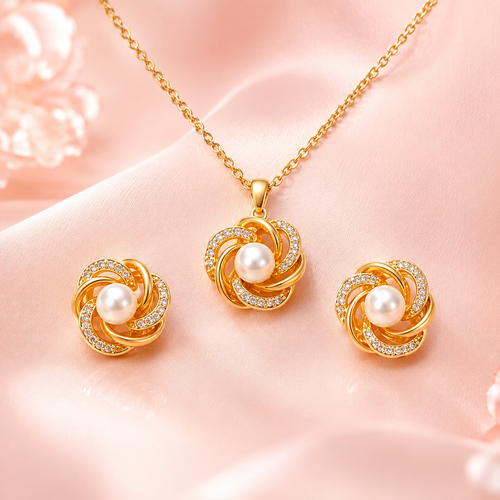 Golden Knot Faux Pearl Necklace & Earring Set