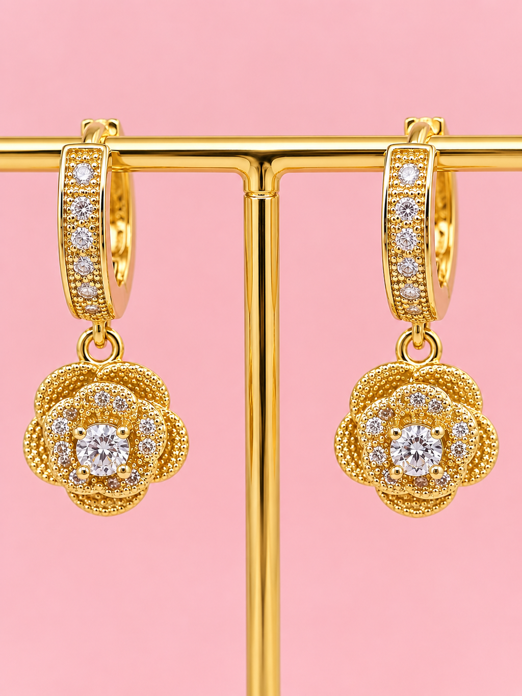 18K Gold Filled Rose Flower Huggie Jewelry Set | Hypoallergenic