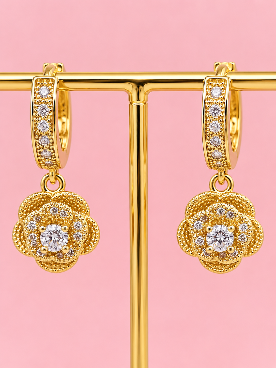 18K Gold Filled Rose Flower Huggie Jewelry Set | Hypoallergenic