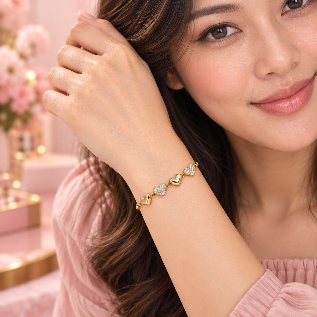 7" Gold Filled Pavé Heart Charm Bracelet | Hypoallergenic