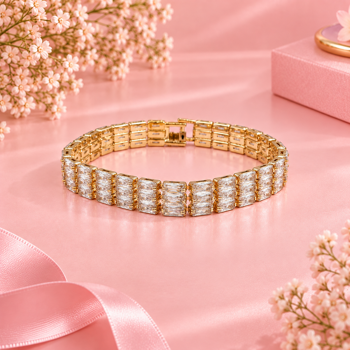 18K Gold Filled Triple Baguette CZ Tennis Bracelet - 7" Hypoallergenic