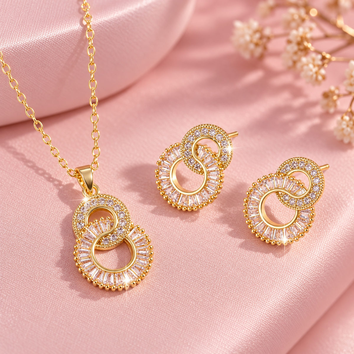 Gold Infinity Zirconia Necklace & Earrings Set – 3pc Baguette Crystal Jewelry for Women