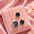 Navy Cubic Zirconia Square Necklace & Earring Set — Gold Plated