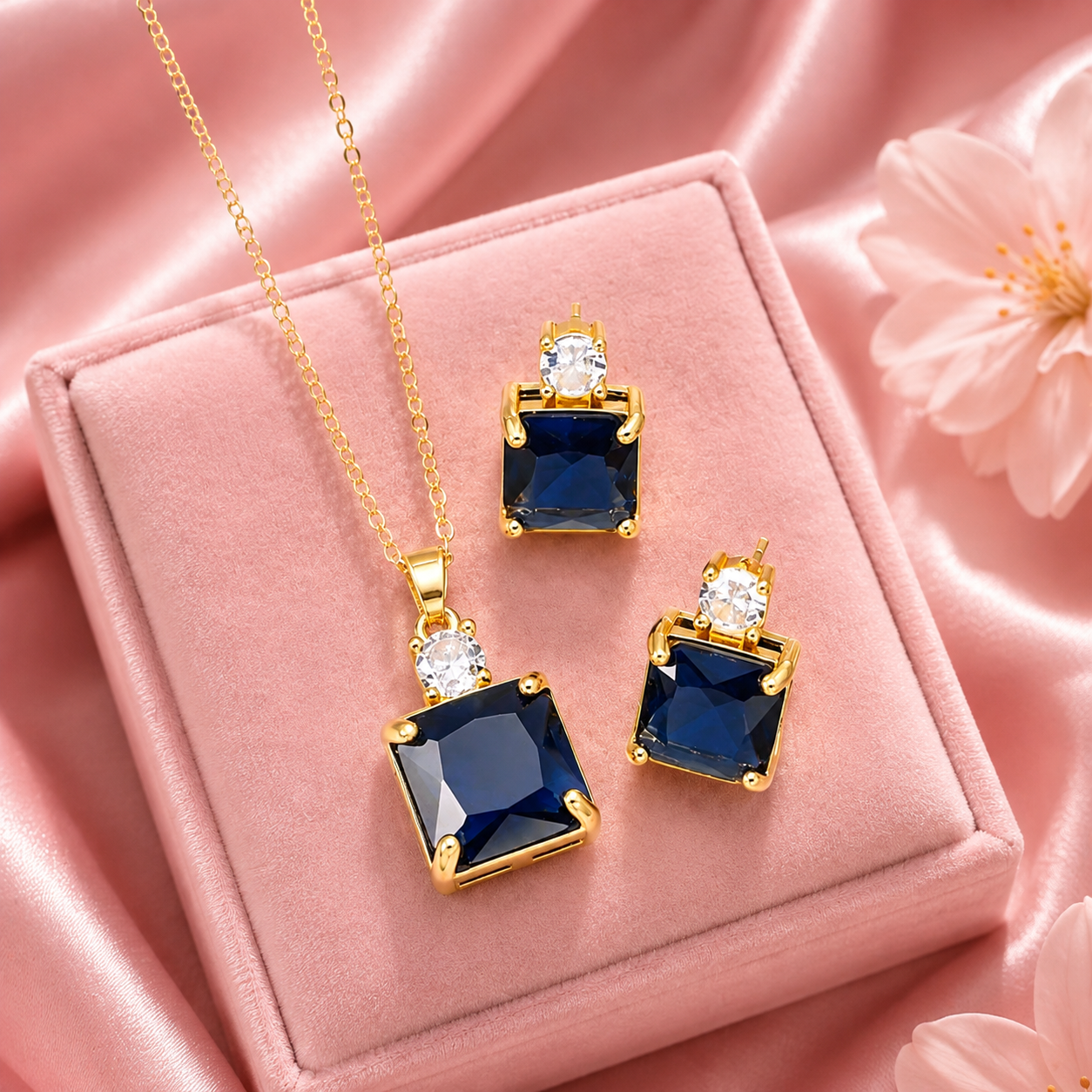 Navy Cubic Zirconia Square Necklace & Earring Set — Gold Plated