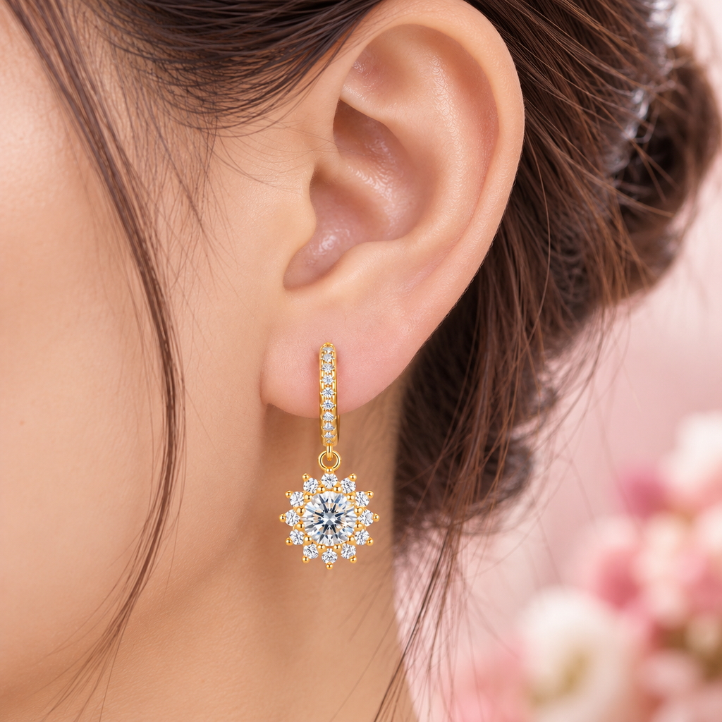 18K Gold S925 Silver Sunflower Dangle Hoop Earrings - Hypoallergenic
