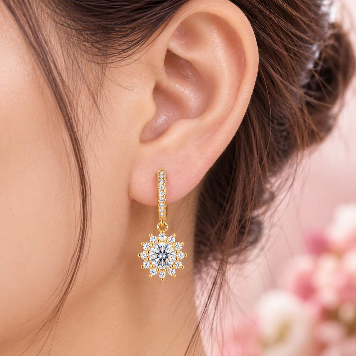 18K Gold S925 Silver Sunflower Dangle Hoop Earrings - Hypoallergenic