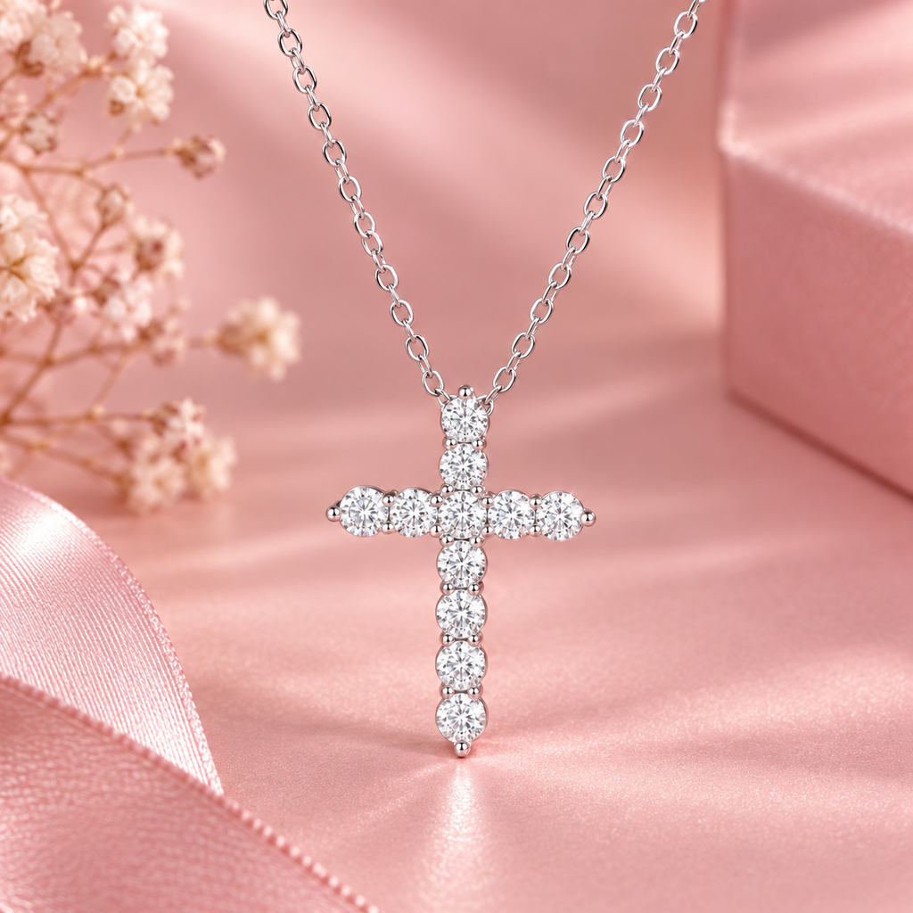 Classic Cross Pendant Necklace – 925 Sterling Silver, 0.1CT Moissanite Diamonds, Platinum Plated