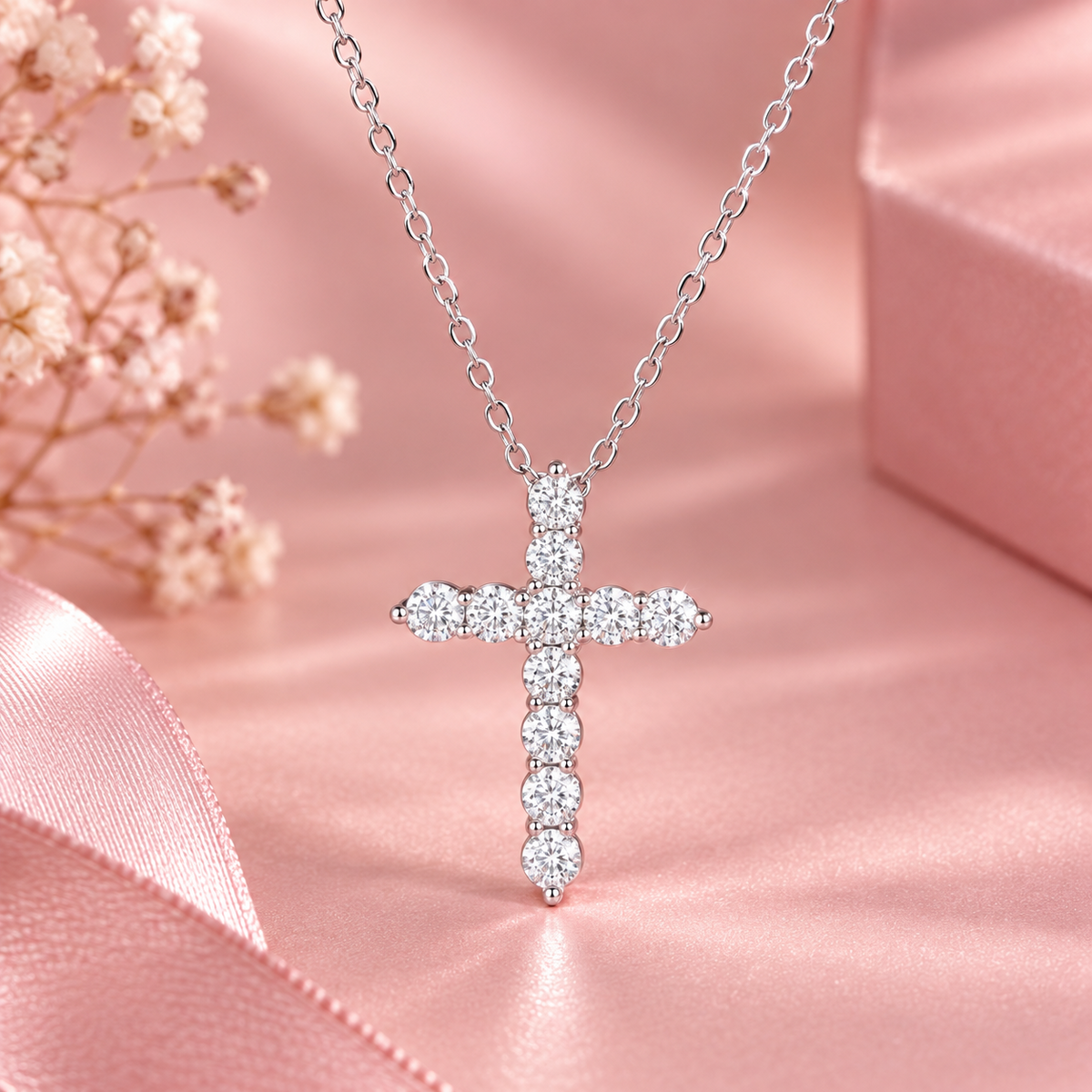 Classic Cross Pendant Necklace – 925 Sterling Silver, 0.1CT Moissanite Diamonds, Platinum Plated