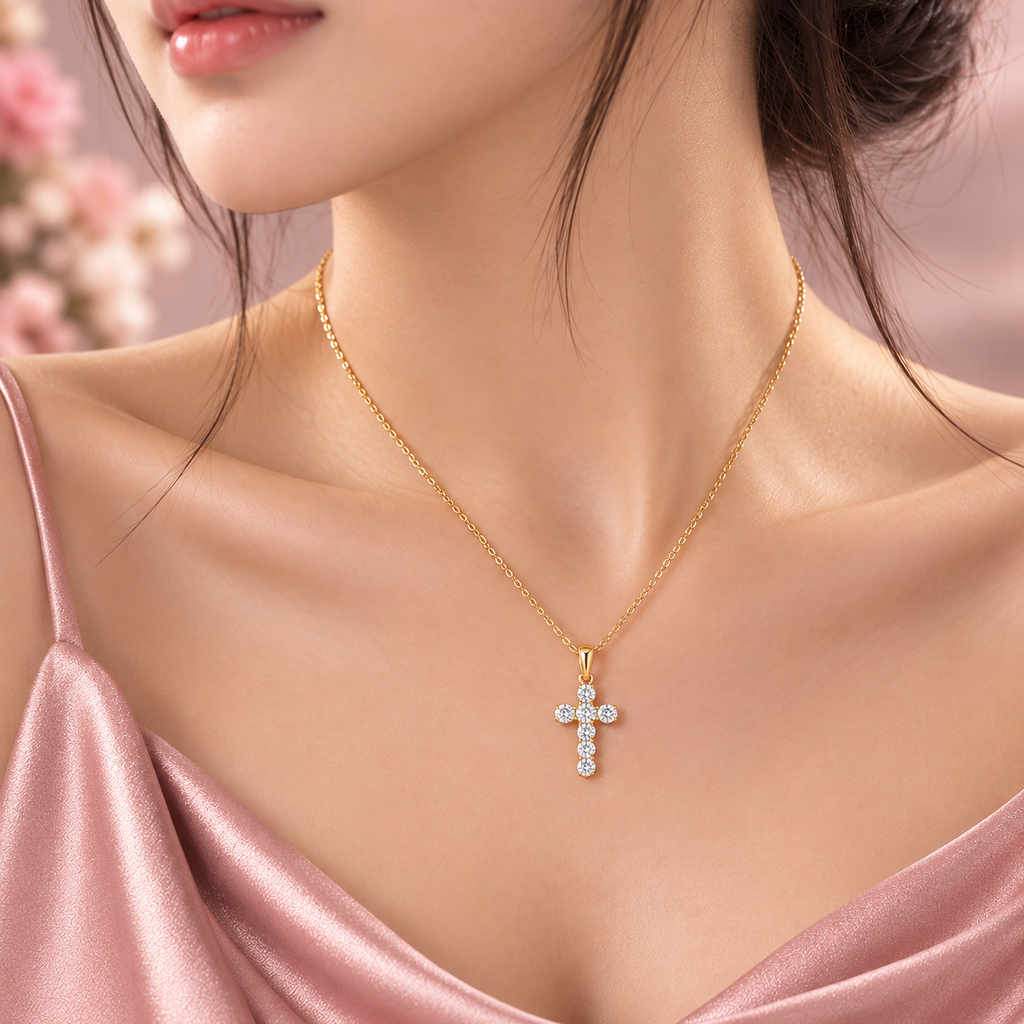 Moissanite Cross Necklace – 925 Silver, Gold Plated, Hypoallergenic
