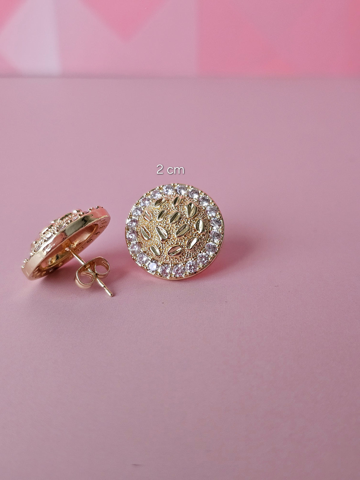 18K Gold Filled 2cm Pavé Halo Round Textured Stud Earrings - Hypoallergenic