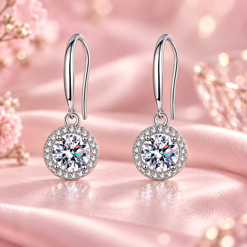 Elegant 925 Sterling Silver Moissanite Drop Earrings — Round Halo Dangle Earrings for Women