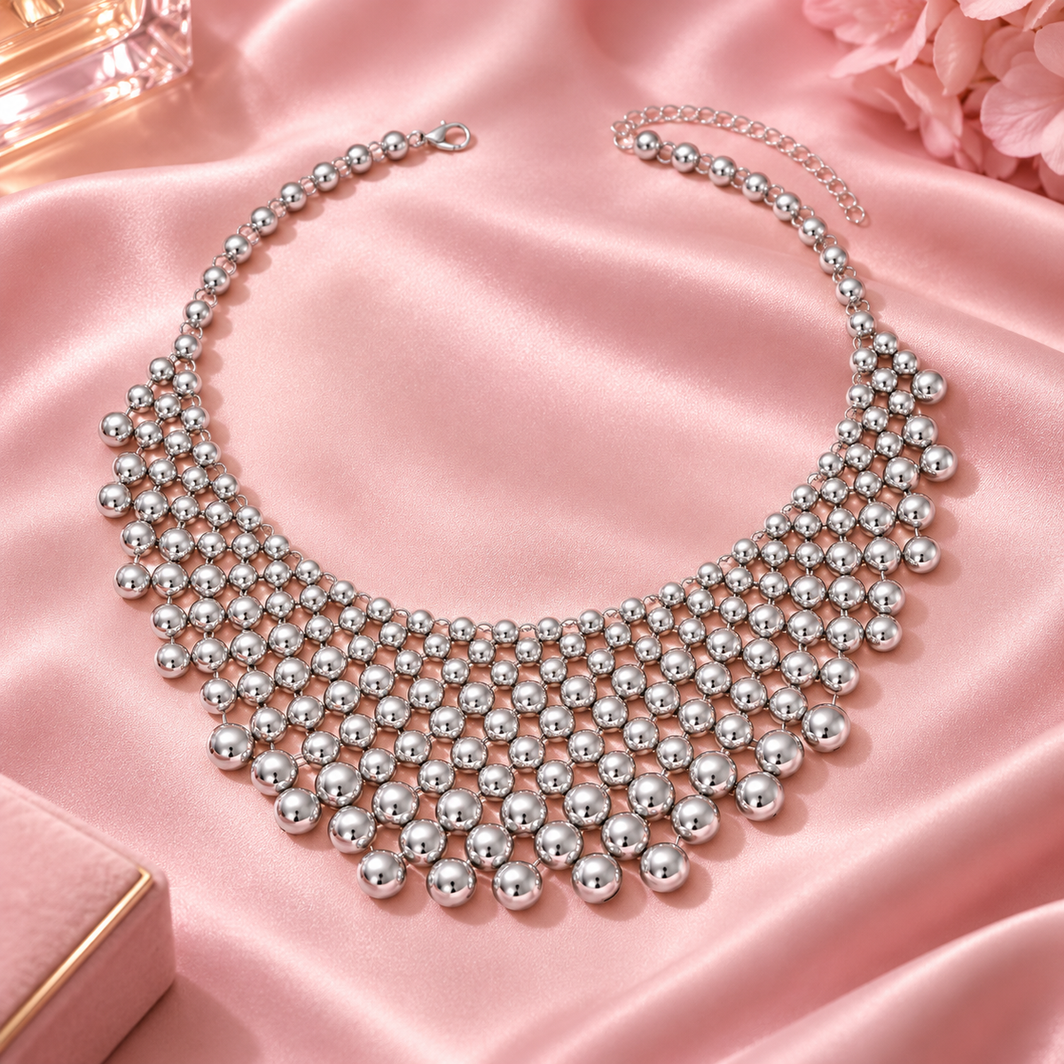 Y2K Silver Chunky Bubble Bib Necklace — Statement Beaded Necklace for Women