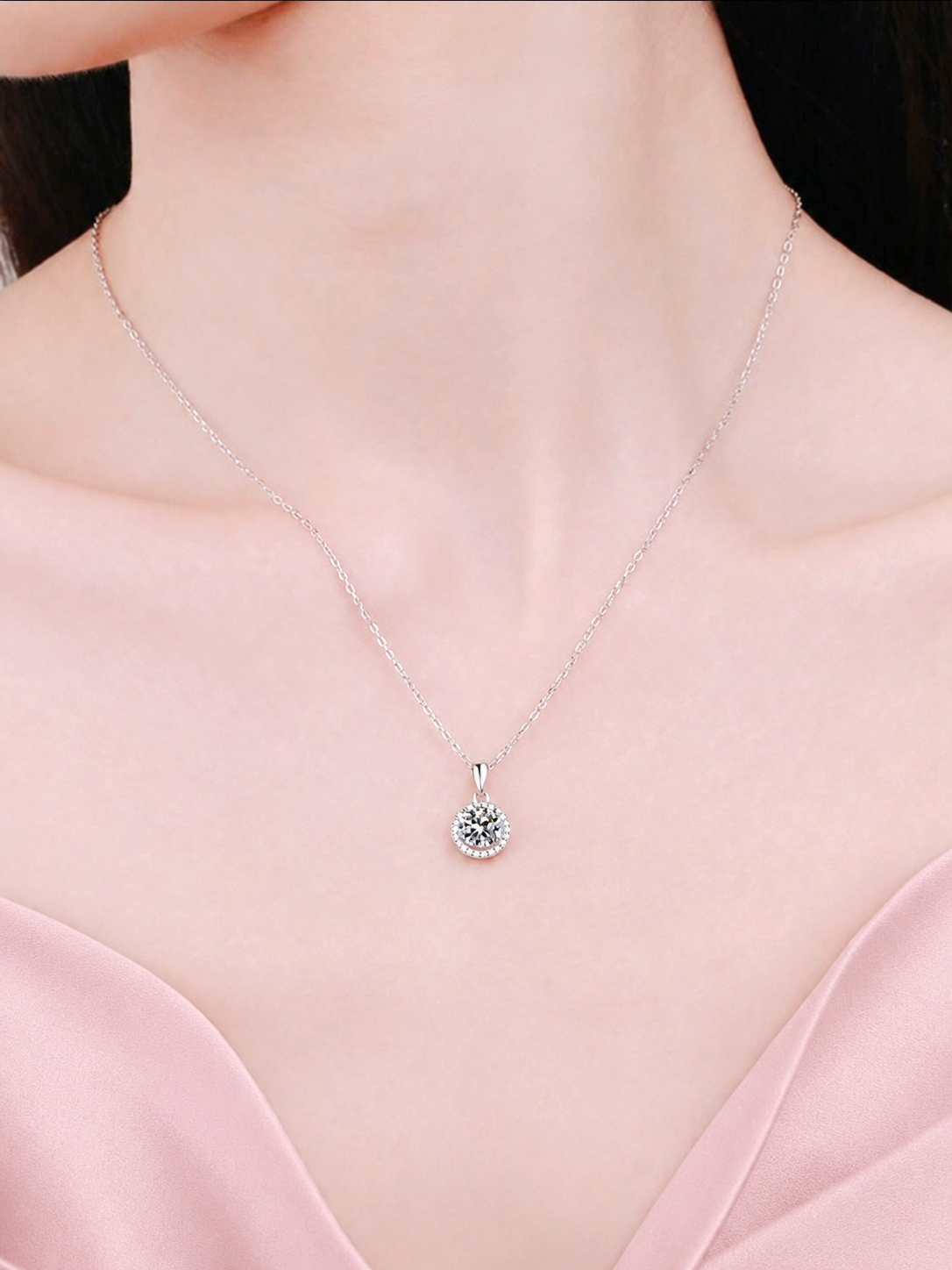 Elegant 925 Sterling Silver Moissanite Pendant Necklace — 5mm Round Halo Necklace for Women
