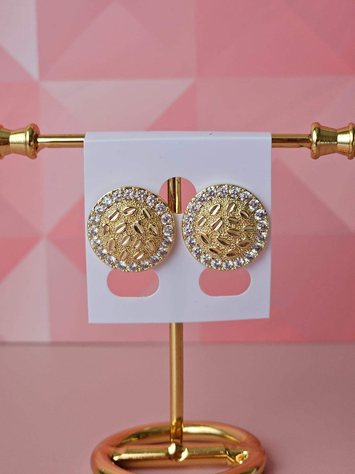 18K Gold Filled 2cm Pavé Halo Round Textured Stud Earrings - Hypoallergenic
