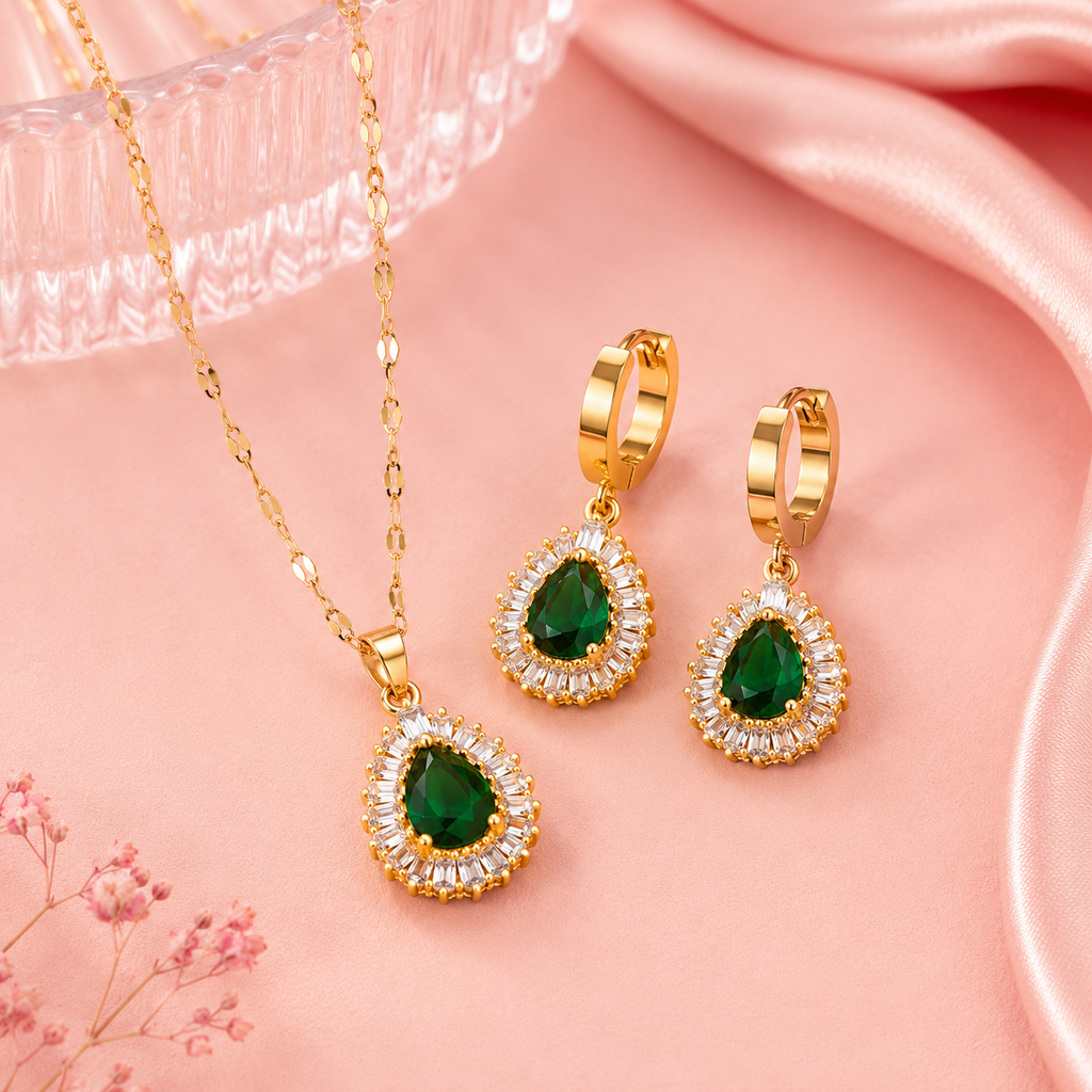 Green Teardrop Necklace & Earring Set