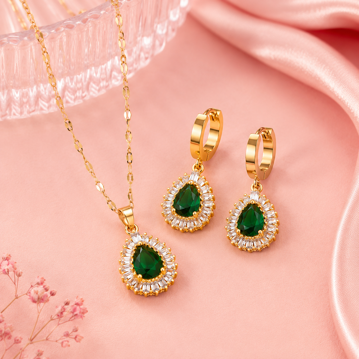 Green Teardrop Necklace & Earring Set