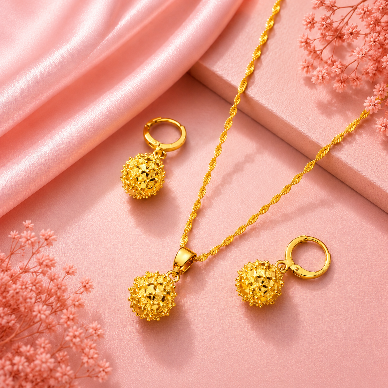Golden Filigree Ball Necklace & Earring Set — 24K Gold Plated